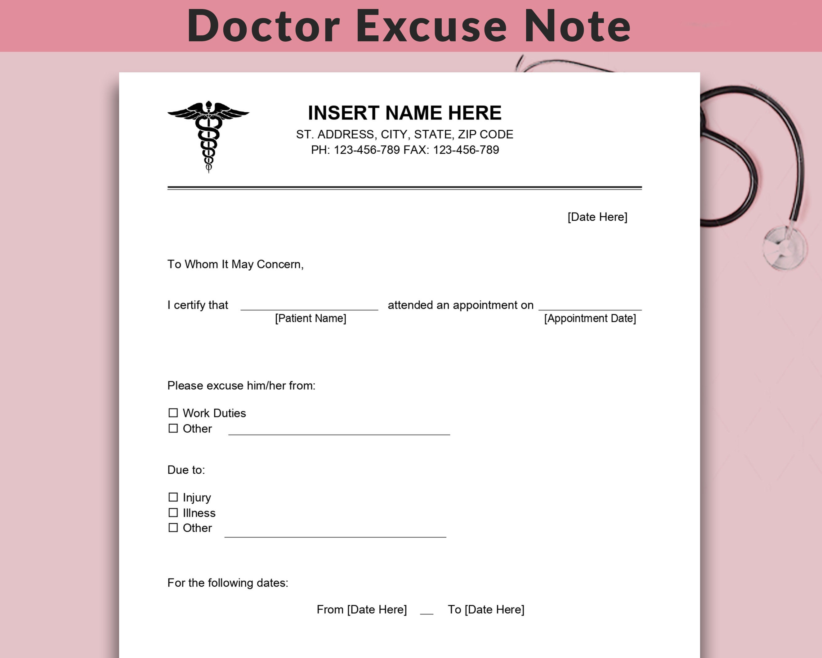 Fillable Doctors Note for Work, Doctor Excuse Note, Drs Note, Doctor