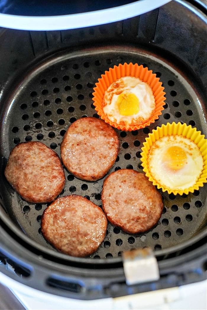 Sausage patties in air fryer PLUS eggs in the same basket makes the