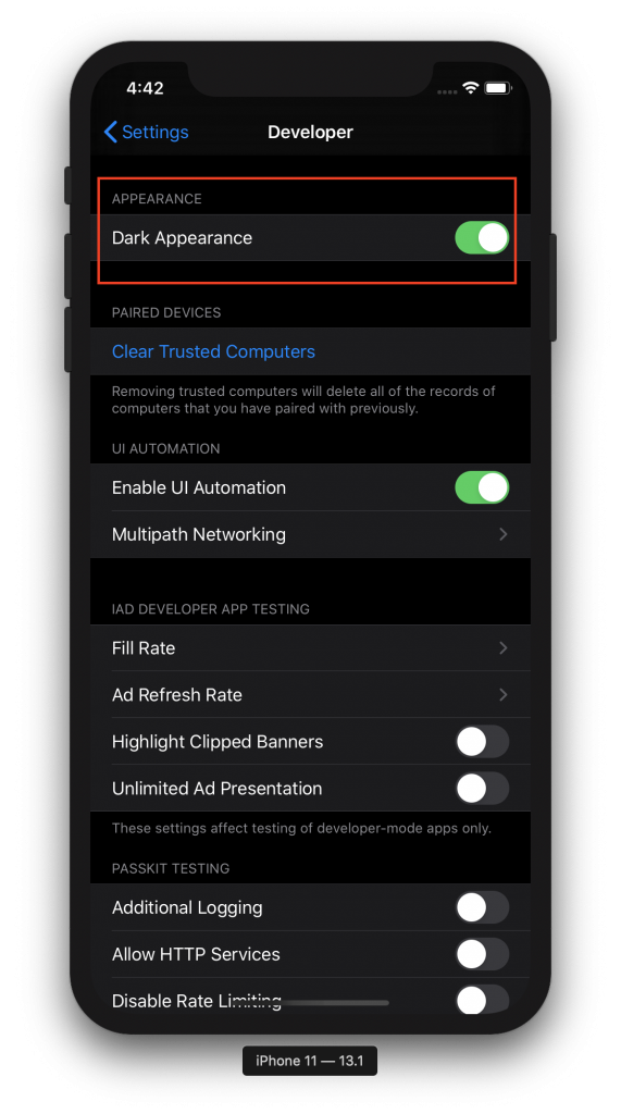 how to change dark mode in ios simulator Go dark on ios